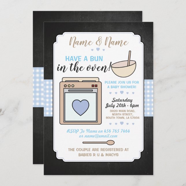 Baby Shower Party Bun in the Oven Blue Boy Gingham Invitation (Front/Back)