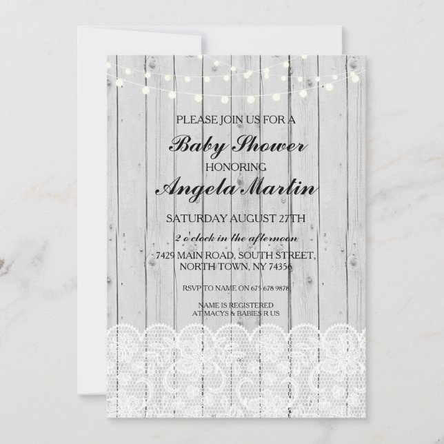 Baby Shower Party Grey Wood Lace Invite (Front)
