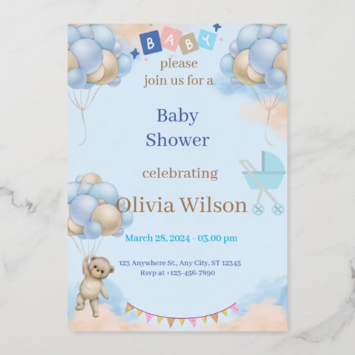 Baby Shower Party Invitation Balloon Bear Baby  Foil Invitation