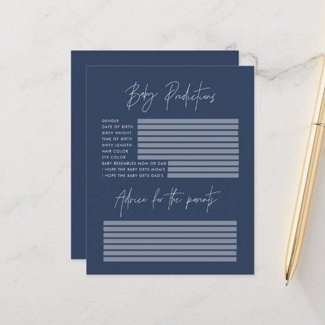 Baby shower party predictions game navy blue (Front/Back In Situ)