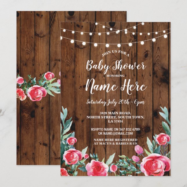 Baby Shower Party Red Roses Floral Wood Invite (Front/Back)