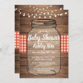 Baby Shower Party Rustic Jar Wood Red Gingham Invitation (Front/Back)