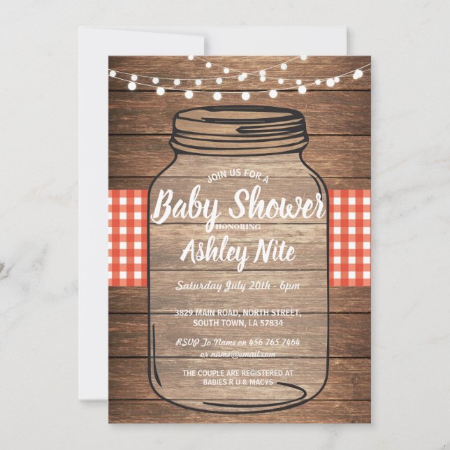 Baby Shower Party Rustic Jar Wood Red Gingham Invitation (Front)