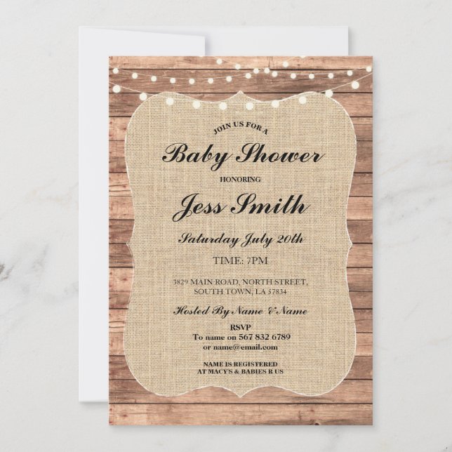 Baby Shower Party Rustic Wood Burlap BBQ Invite (Front)