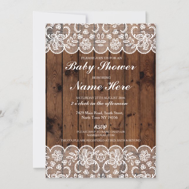 Baby Shower Party Rustic Wood Lace Boy Girl Invite (Front)