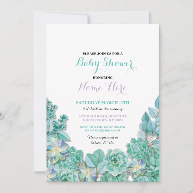 Baby Shower Party Succulents Floral Teal Invite (Front)