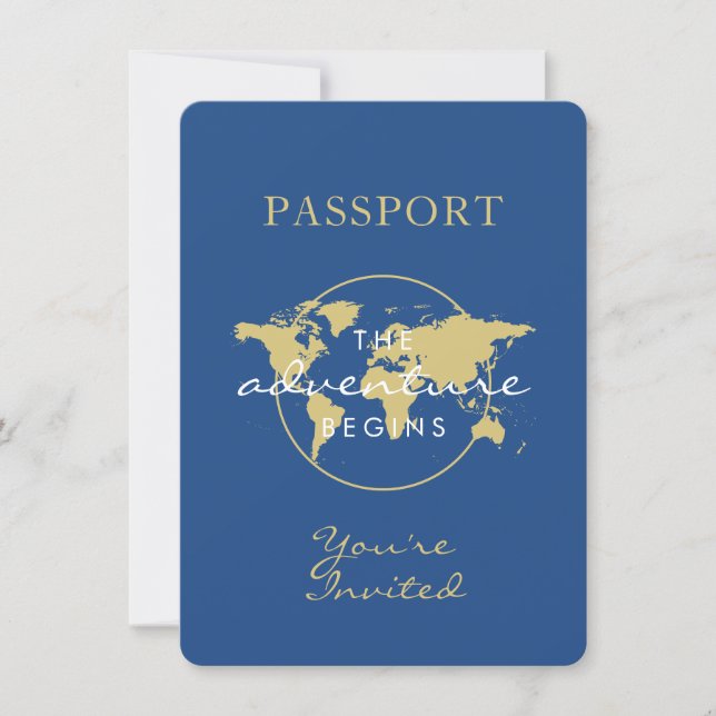 Baby Shower Passport Travel Theme Blue Gold Invitation (Front)