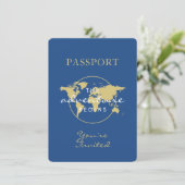 Baby Shower Passport Travel Theme Blue Gold Invitation (Standing Front)