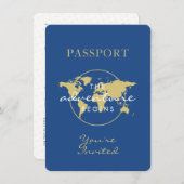 Baby Shower Passport Travel Theme Blue Gold Invitation (Front/Back)