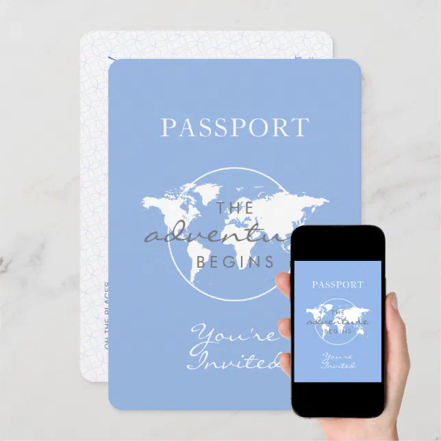 Baby Shower Passport Travel Theme Dusty Blue Invitation | Zazzle