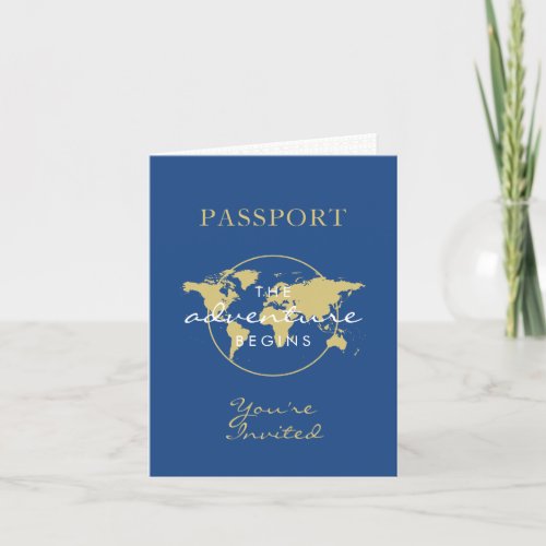 Baby Shower Passport Travel Theme Gold Blue Invitation