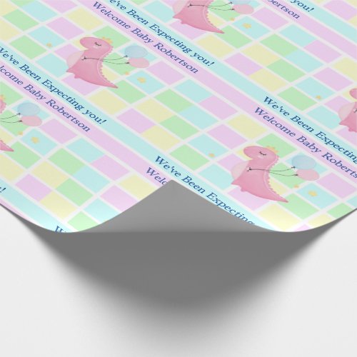Baby Shower Pastel Add Name Gender Unknown Dino Wrapping Paper
