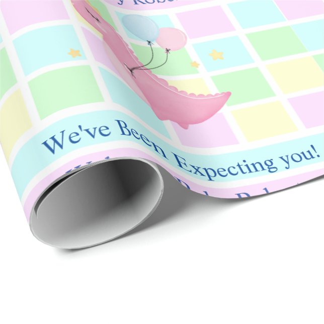 Baby Shower Pastel Add Name Gender Unknown Dino Wrapping Paper (Roll Corner)
