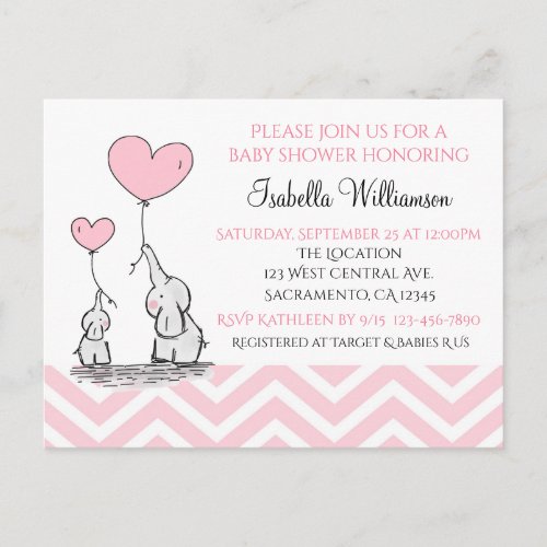 Baby Shower Pastel Baby Elephant with Heart Custom Invitation Postcard