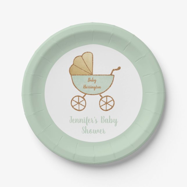 Baby Shower Pastel Mint Green Retro Carriage Paper Plates (Front)