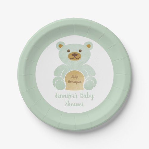 Baby Shower Pastel Mint Green Teddy Bear Monogram Paper Plates