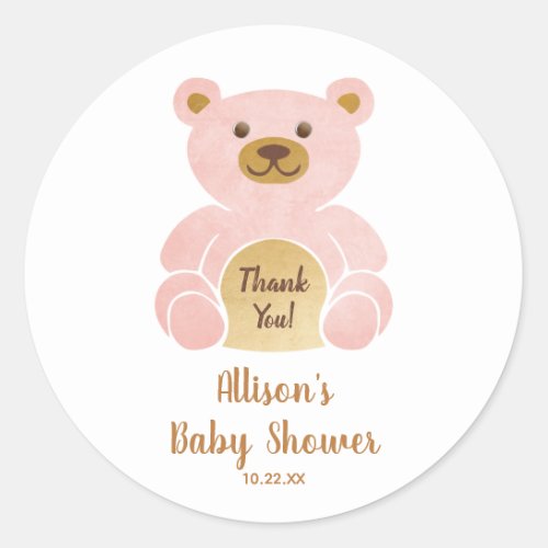 Baby Shower Pastel Pink Teddy Bear Thank You Classic Round Sticker