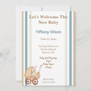 Baby Shower Pastel Rabbit Stripe Stroller Vintage Invitation