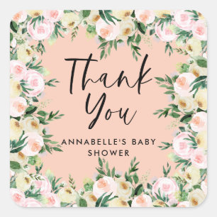 Baby shower peach girly floral thank you square sticker