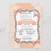 Baby Shower Peach Lace Glitter Bow Girl Invite (Front/Back)