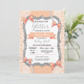 Baby Shower Peach Lace Glitter Bow Girl Invite (Standing Front)