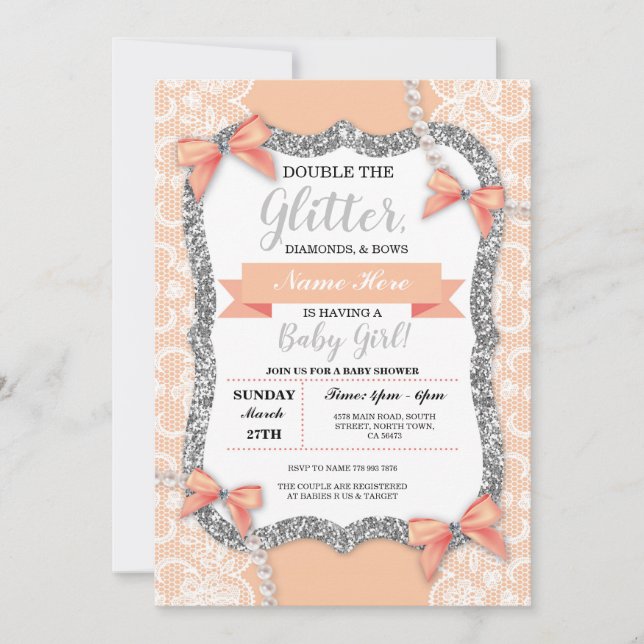 Baby Shower Peach Lace Glitter Bow Girl Invite (Front)
