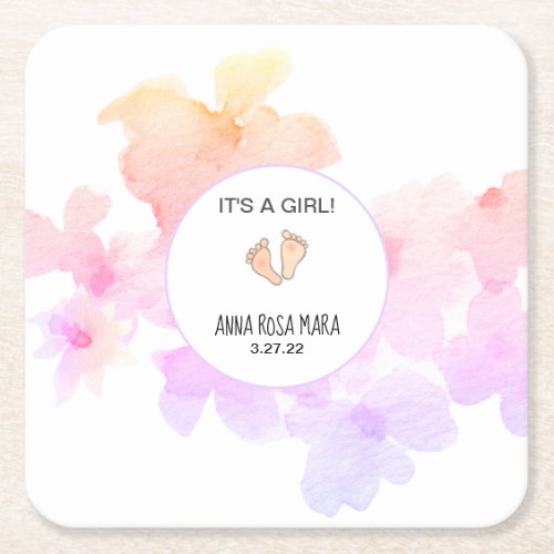  Baby Shower Peach Pink Floral  Feet Watercolor Square Paper Coaster