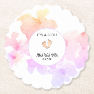 *~* Baby Shower Peach Pink Floral  Soft Watercolor Paper Coaster