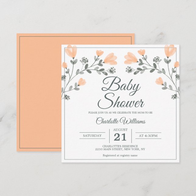 Baby Shower Peach Sage Green Delicate Flowers Invitation (Front/Back)