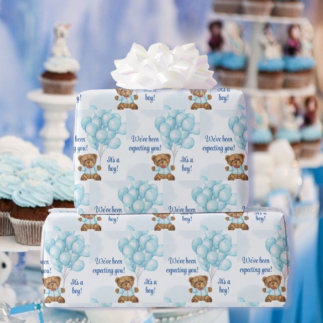 Baby Shower Personalize Text & Name Teddy Bear Boy Wrapping Paper (Creator Uploaded)