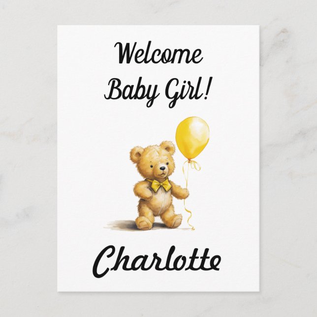 Baby Shower, Personalized Teddy Bear Card, Unisex, Postcard (Front)
