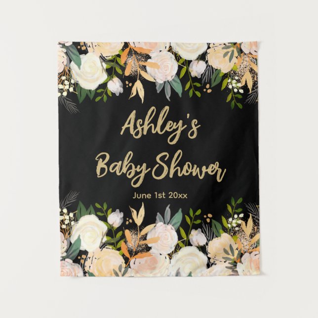 Baby Shower Photo Booth Backdrop Floral Prop Black (Front)