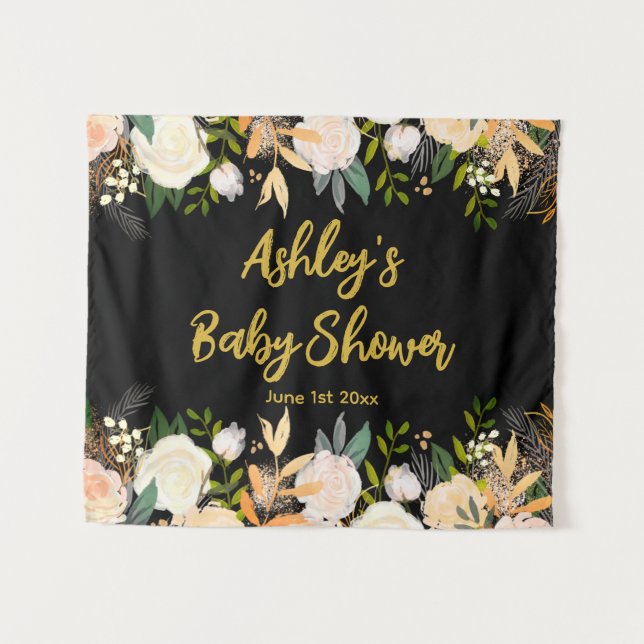 Baby Shower Photo Booth Backdrop Floral Prop Black (Front (Horizontal))