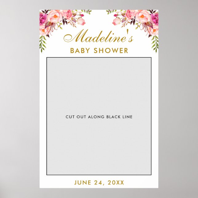 Baby Shower Photo Booth Prop | Gold Pink Floral Poster (Front)
