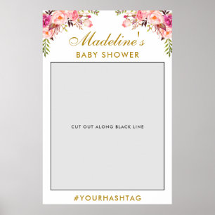 Baby Shower Photo Booth Prop Pink Floral Gold Poster