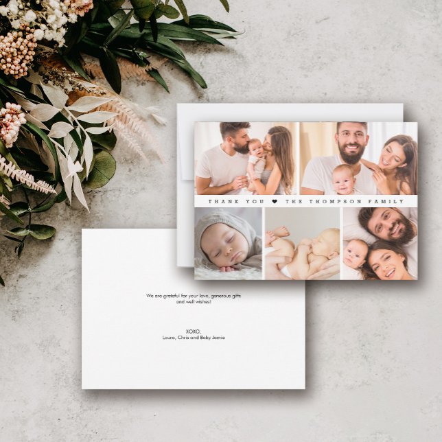 Baby Shower Photo Collage Simple Thank You Card (Simple photo collage, baby shower thank you family card.)