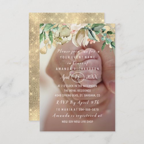 Baby Shower Photo  Flowers Brunch Spark Gold Invitation