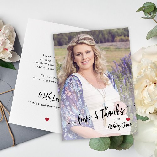 Baby shower photo modern love and thanks script thank you card