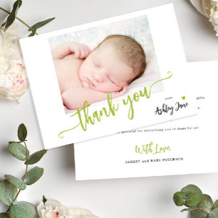 Baby shower photo personalized modern script thank you card