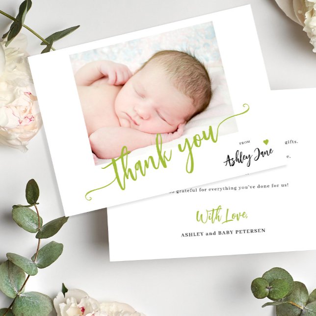 Baby shower photo personalized modern script thank you card (Creator Uploaded)