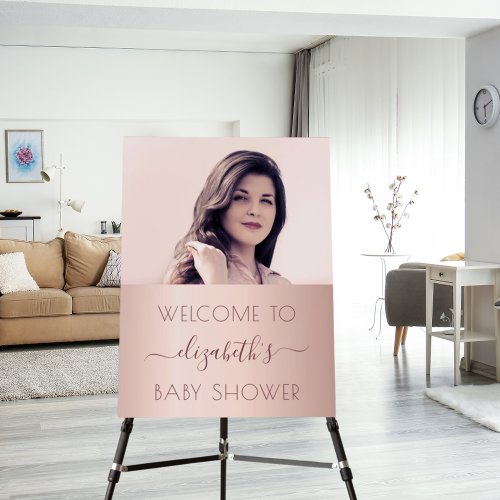 Baby shower photo rose gold pink name welcome foam board