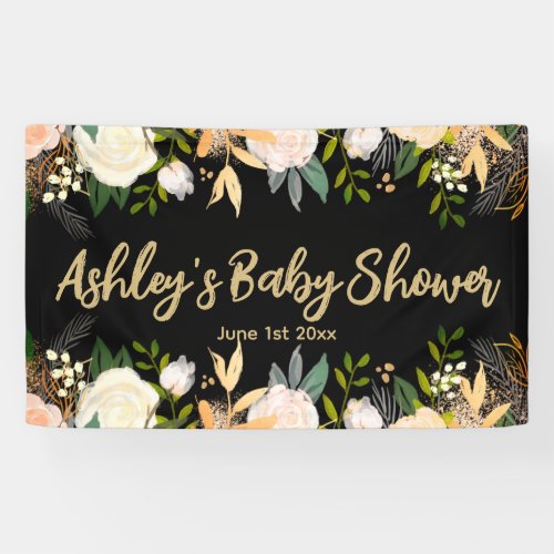 Baby Shower Photobooth Backdrop Floral Black Gold  Banner