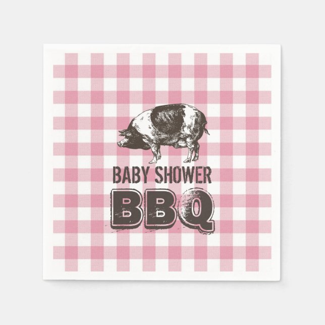 Baby Shower Pig Roast BBQ Pink Gingham Paper Napkins (Front)
