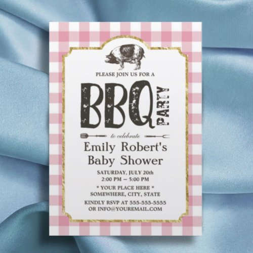 Baby Shower Pig Roast BBQ Pink Plaid Invitation