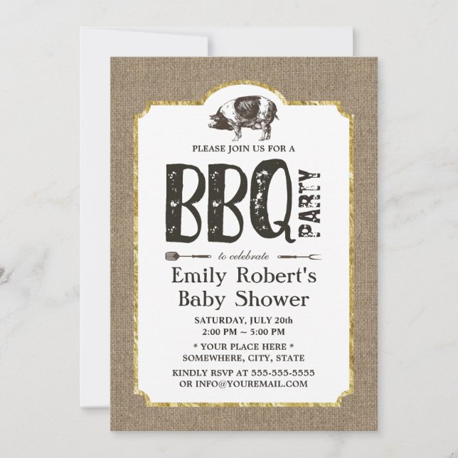 Baby Shower Pig Roast BBQ Rustic Burlap Invitation (Front)