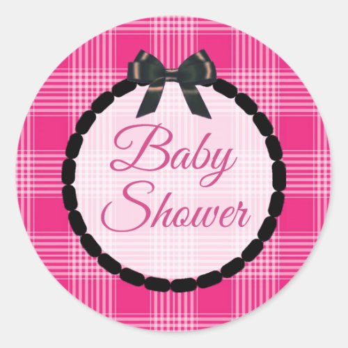 Baby Shower Pink and black Plaid and Bow Stickers