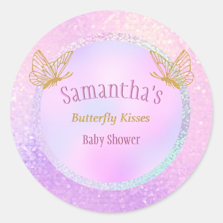 Baby Shower Pink and Gold Whimsical Butterfly Classic Round Sticker ...