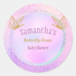 Baby Shower Pink and Gold Whimsical Butterfly Classic Round Sticker