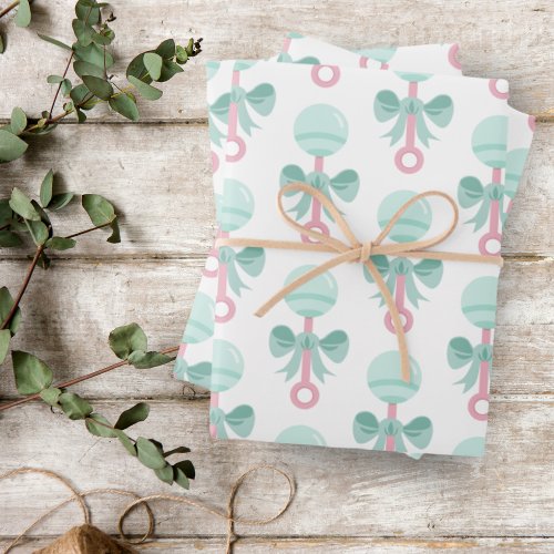 Baby Shower Pink and Green Baby Rattle Wrapping Paper Sheets