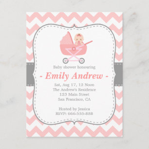 Baby Shower - Pink and White Chevron with Stroller Invitation